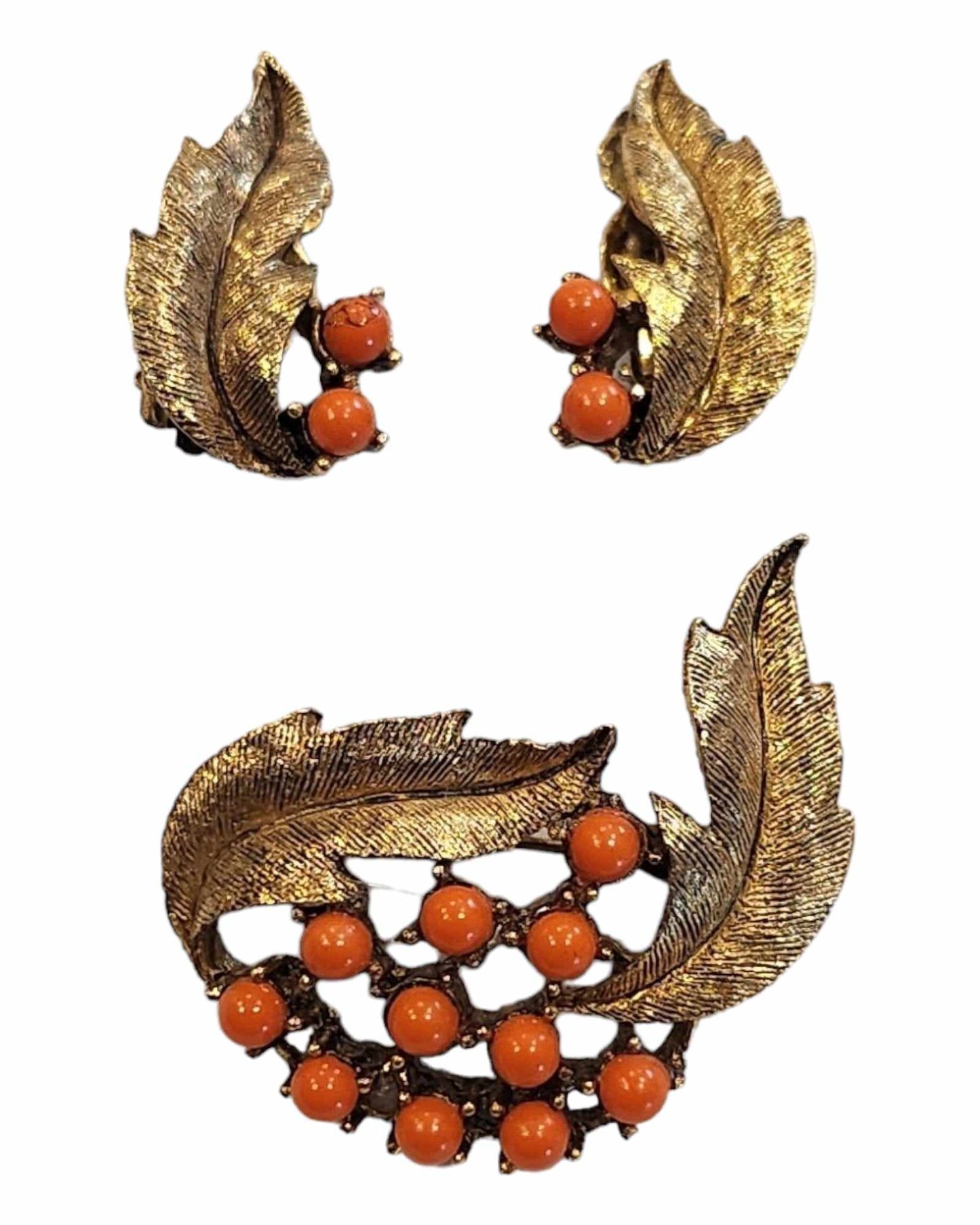 Goldtone Leaf & Coral Earring & Brooch Set