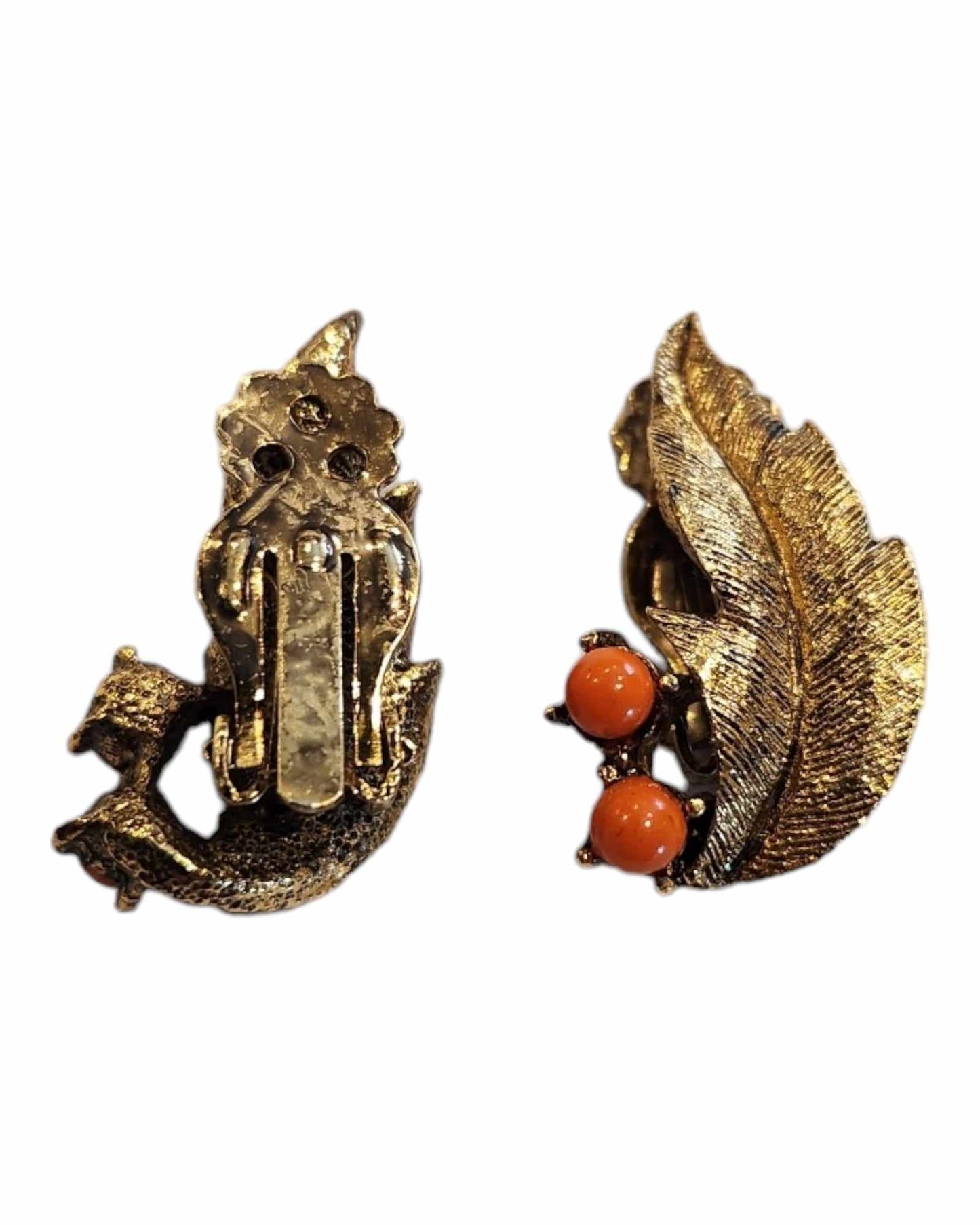 Goldtone Leaf & Coral Earring & Brooch Set