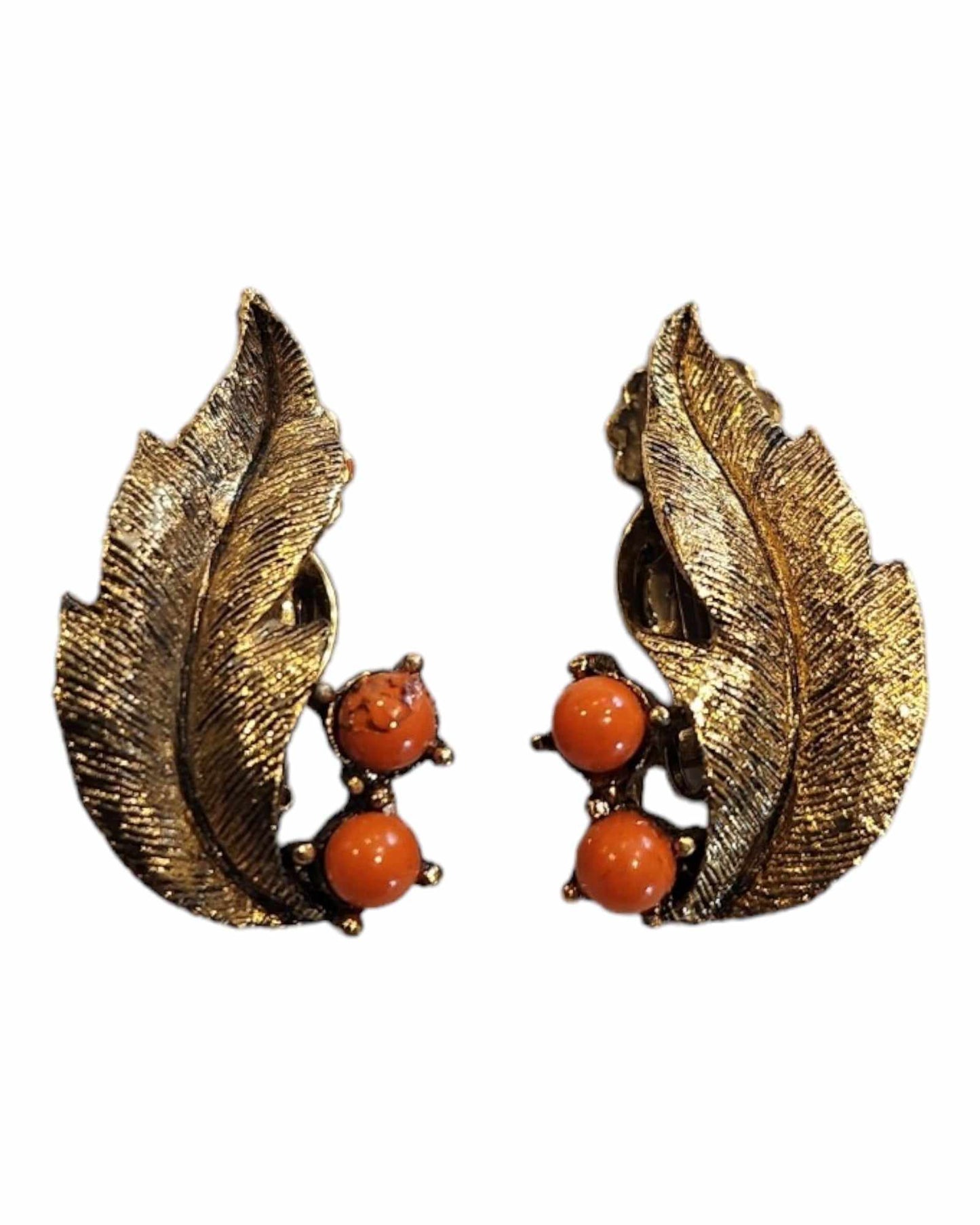 Goldtone Leaf & Coral Earring & Brooch Set