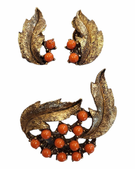 Goldtone Leaf & Coral Brooch & Earring Set