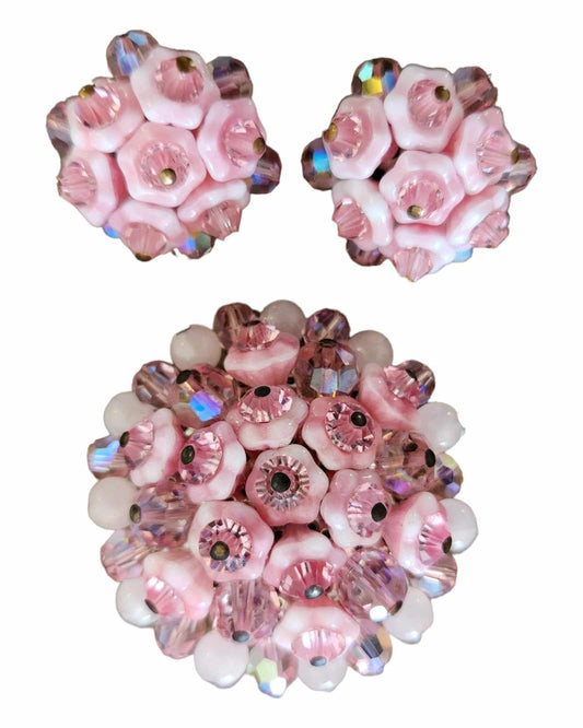 Vintage Pink Flower Brooch & Earring Set