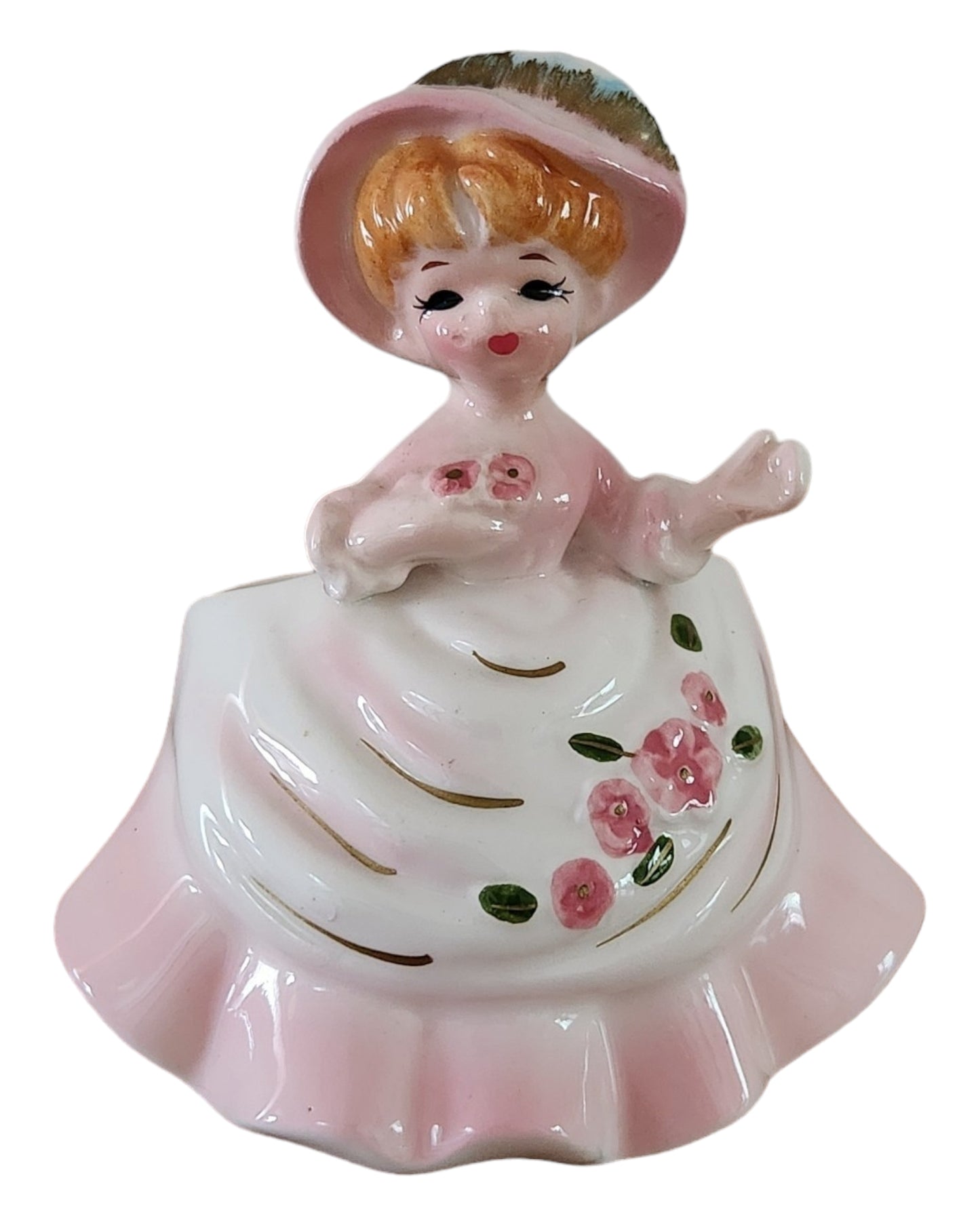 Vintage Girl In Pink Dress Planter Figurine